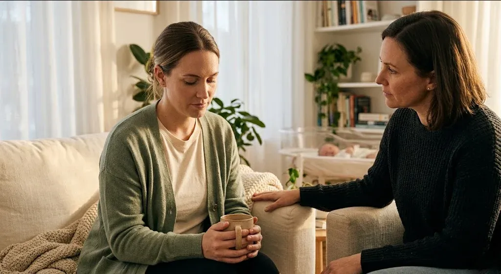 A woman at a kitchen table, baby carrier on the chair beside her, warm cup in hand, representing the themes of "What to Say to Someone With Postpartum Depression: Words That Help".