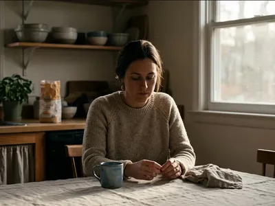 A couple at a kitchen table, hands intertwined, quiet and contemplative, representing the themes of "When Infertility Starts to Feel Like Grief (and Why That Makes Sense)".