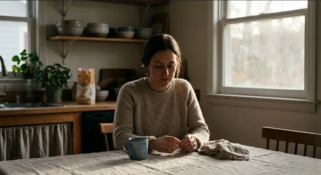 A couple at a kitchen table, hands intertwined, quiet and contemplative, representing the themes of "When Infertility Starts to Feel Like Grief (and Why That Makes Sense)".