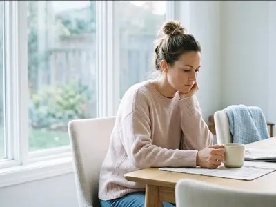 A parent on a couch, infant nestled on their chest, both still and quiet, representing the themes of "When Your Partner Doesn't Understand Your Postpartum Rage".