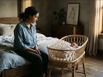 A mother sitting on the edge of a bed in morning light, infant asleep nearby in a bassinet, representing the themes of "Why Do I Feel Worse at Night with Postpartum Depression?".