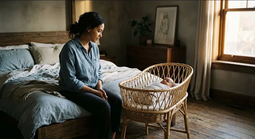 A mother sitting on the edge of a bed in morning light, infant asleep nearby in a bassinet, representing the themes of "Why Do I Feel Worse at Night with Postpartum Depression?".