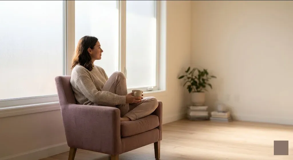 A woman sitting on a bed with a journal open, pen resting, warm morning light, representing the themes of "Why Fertility Clinics Refer to Phoenix Health for Emotional Support During Treatment".