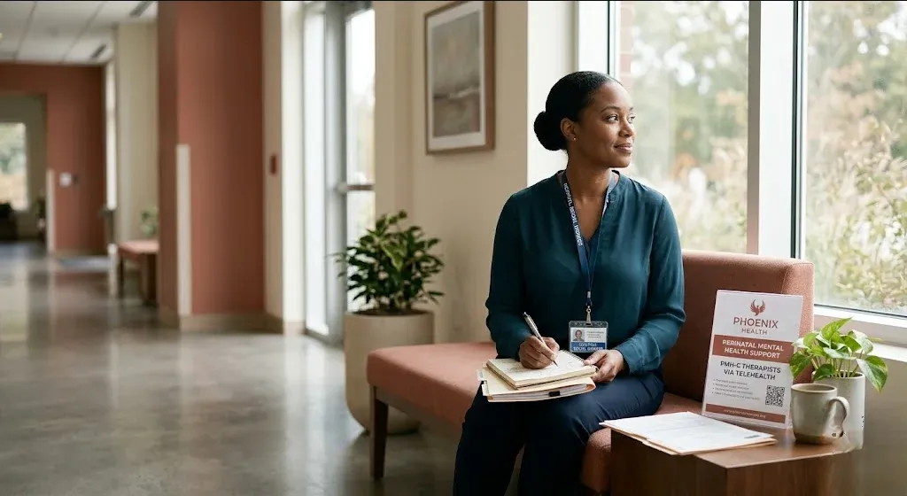 A person sitting in a warm, peaceful room with soft natural light, a sense of calm reflection, representing the themes of "Why Hospital Social Workers Refer to Phoenix Health for Perinatal Mental Health".
