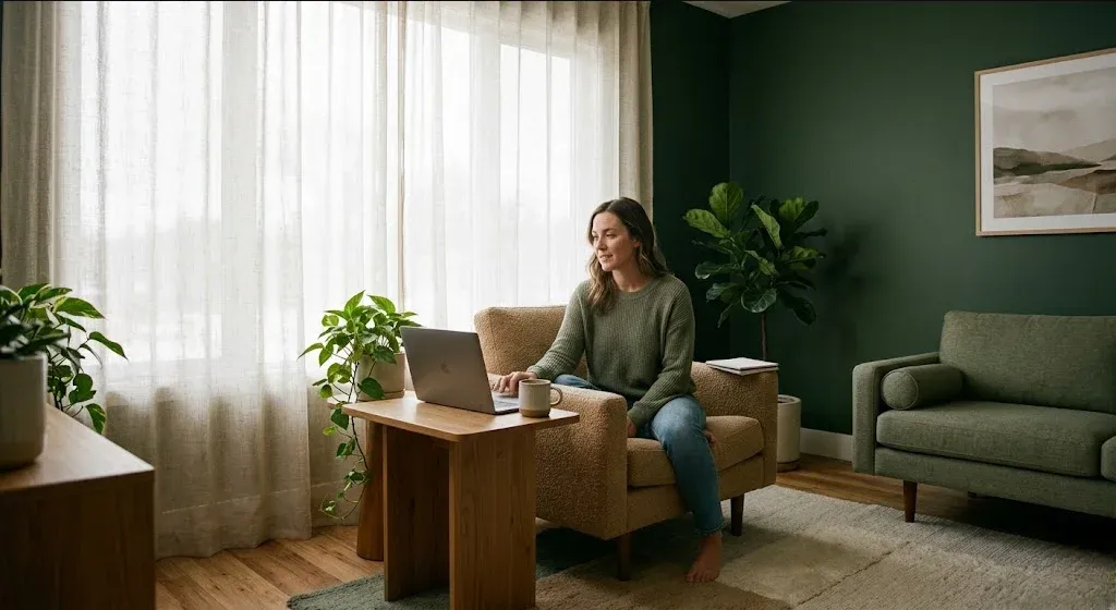A quiet interior scene β soft light, a plant, a chair, a sense of calm presence, representing the themes of "Why Pediatricians Refer to Phoenix Health for Maternal Mental Health".
