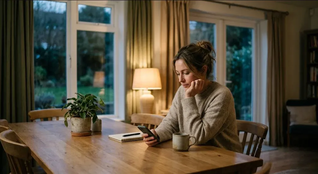 A person sitting in a warm, peaceful room with soft natural light, a sense of calm reflection, representing the themes of "Why Midwives Refer to Phoenix Health for Perinatal Mental Health Support".