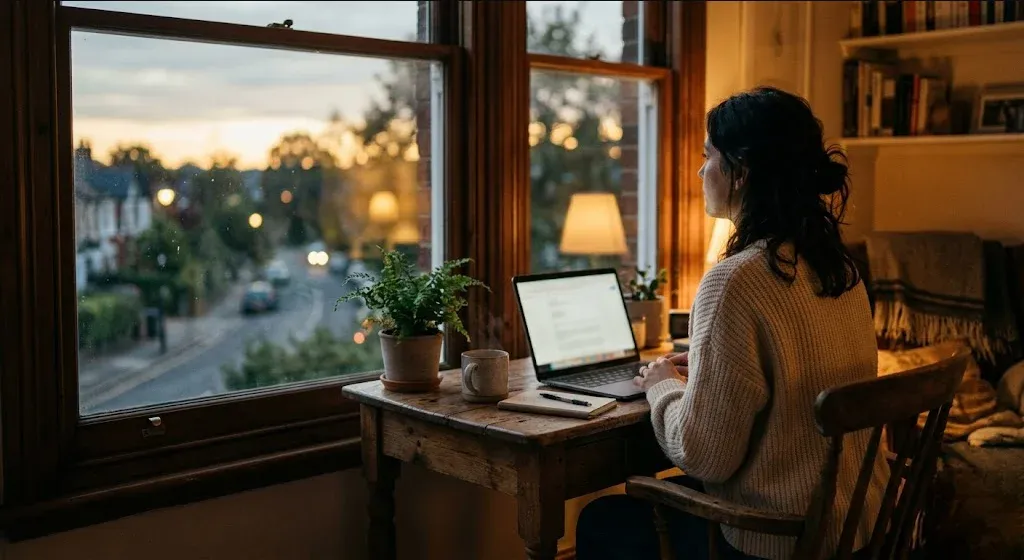 A woman sitting at a home desk with a laptop, looking out a nearby window, a moment of pause, representing the themes of "When Your Boss or Colleagues Treat You Differently After Maternity Leave".