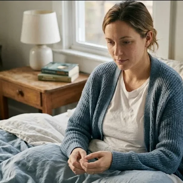 A figure near a window in a quiet domestic interior, unhurried and still, representing the themes of "Z-Codes for Perinatal Mental Health: Documentation Reference for Clinicians".