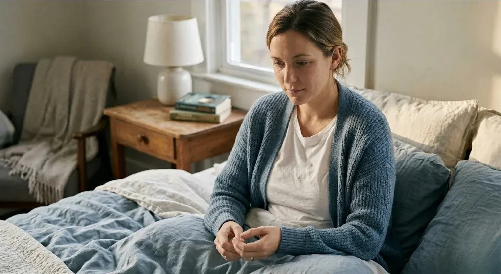 A figure near a window in a quiet domestic interior, unhurried and still, representing the themes of "Z-Codes for Perinatal Mental Health: Documentation Reference for Clinicians".
